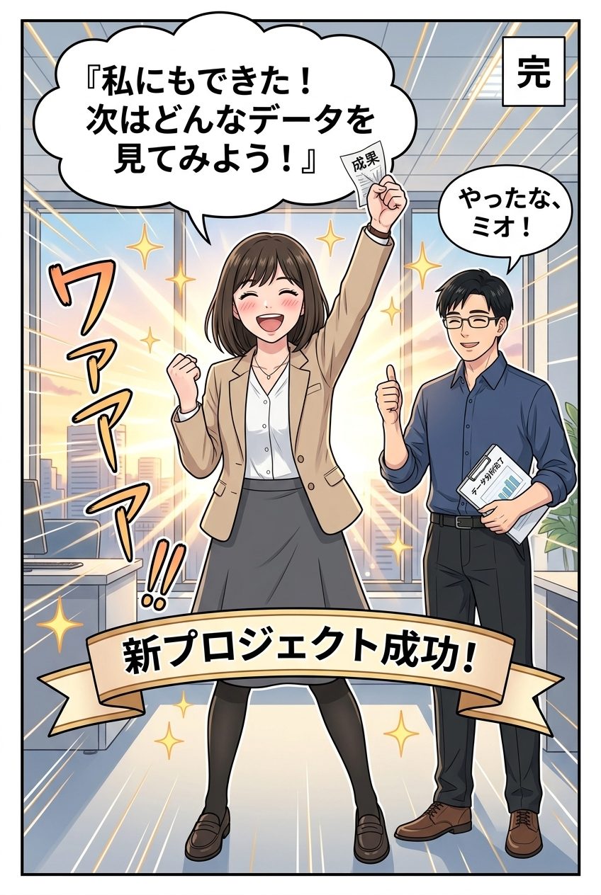 AICraft制作の解説漫画のクライマックスページ。主人公がデータ分析をやり遂げ、笑顔で成功を喜ぶ場面。学びの成果を実感できる締め