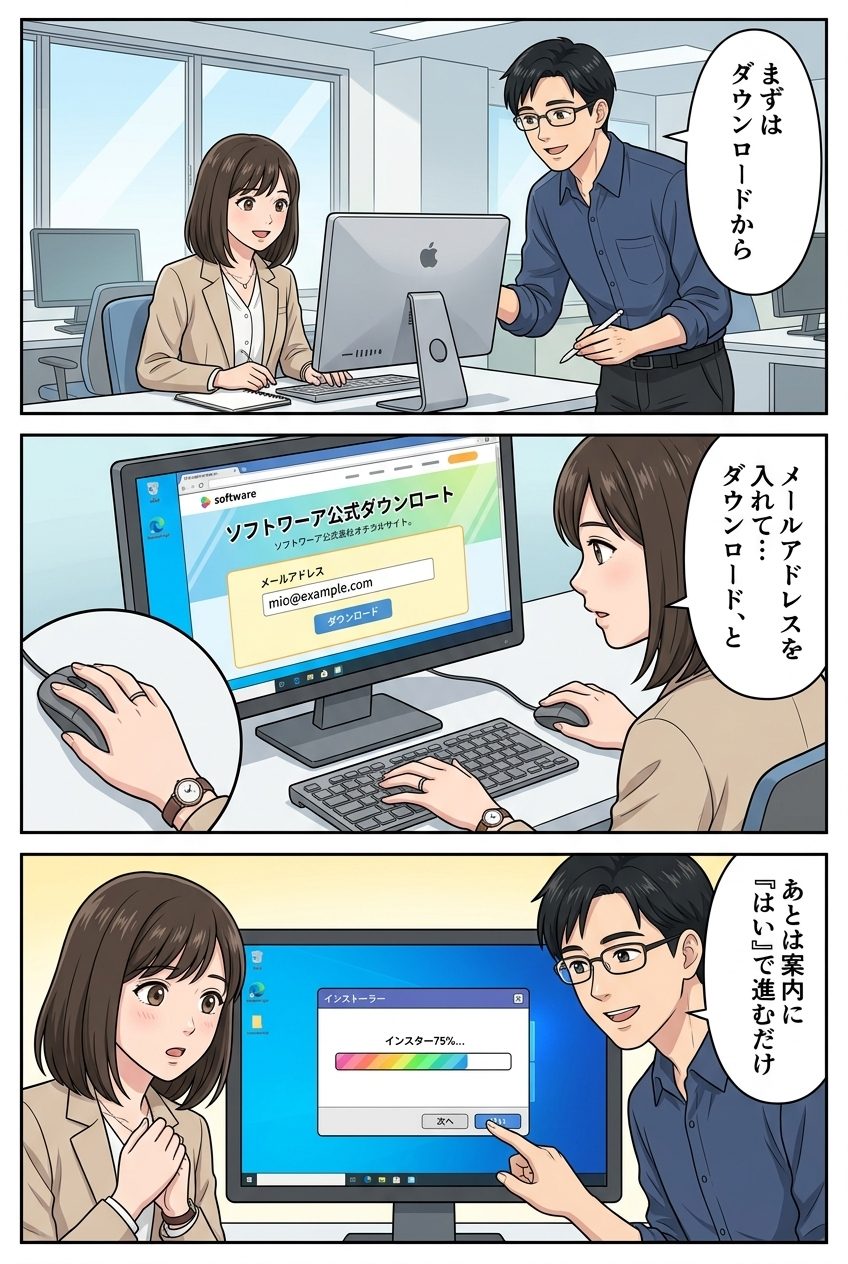 AICraft制作の解説漫画。ソフトのダウンロードからインストールまでの操作手順を、1コマずつ順を追って解説するハウツーページ