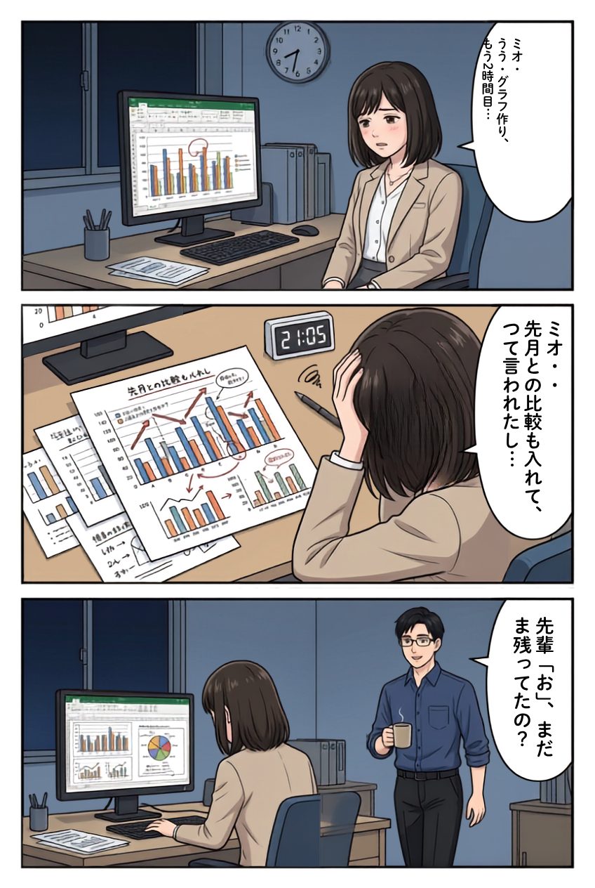 AICraft制作の解説漫画の導入ページ。主人公がデータ集計に悩む場面から物語が始まり、読者を引き込む構成