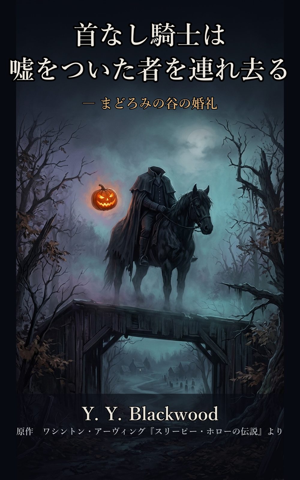AICraft制作の電子書籍表紙「首なし騎士は嘘をついた者を連れ去る ― まどろみの谷の婚礼」。ワシントン・アーヴィング原作を翻案したゴシックホラーのKindle表紙